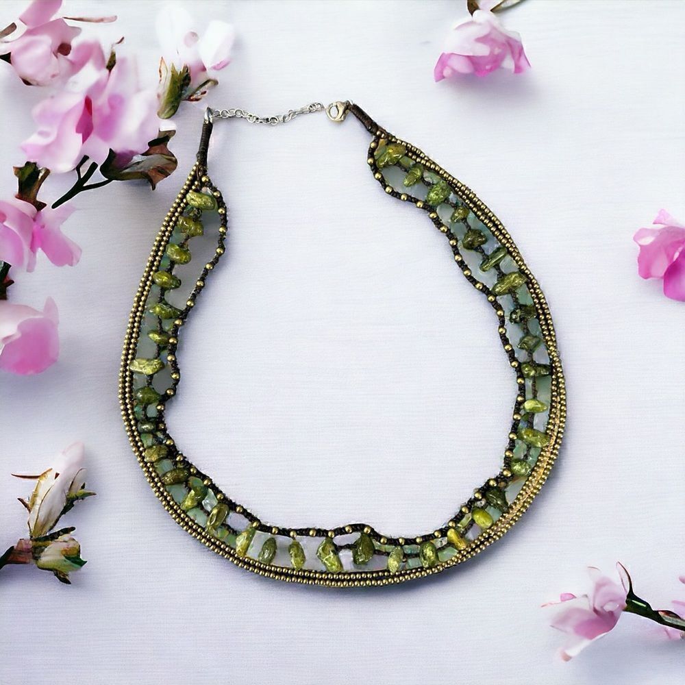 Vintage green stone/antique brass artisan boho necklace